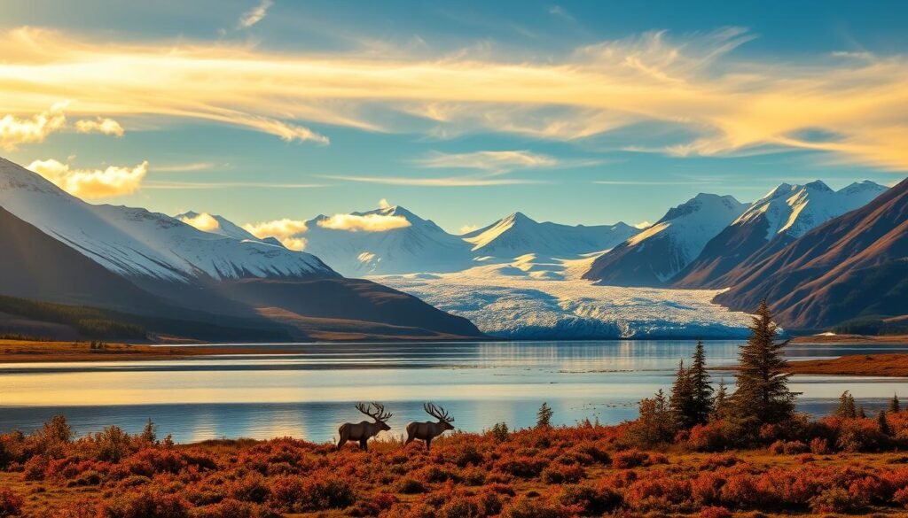 A breathtaking Alaskan landscape in the prime month of your choice, illuminated by warm, golden sunlight filtering through wispy clouds. In the foreground, a serene lake reflects the surrounding snow-capped peaks and vibrant foliage. In the middle ground, a herd of majestic caribou grazes peacefully, while in the distance, a spectacular glacier glistens under the clear, azure sky. The scene conveys the untamed beauty and tranquility that make Alaska a premier destination, inviting the viewer to discover the ideal time to experience this natural wonder. A breathtaking Alaskan landscape in the prime month of your choice, illuminated by warm, golden sunlight filtering through wispy clouds. In the foreground, a serene lake reflects the surrounding snow-capped peaks and vibrant foliage. In the middle ground, a herd of majestic caribou grazes peacefully, while in the distance, a spectacular glacier glistens under the clear, azure sky. The scene conveys the untamed beauty and tranquility that make Alaska a premier destination, inviting the viewer to discover the ideal time to experience this natural wonder.