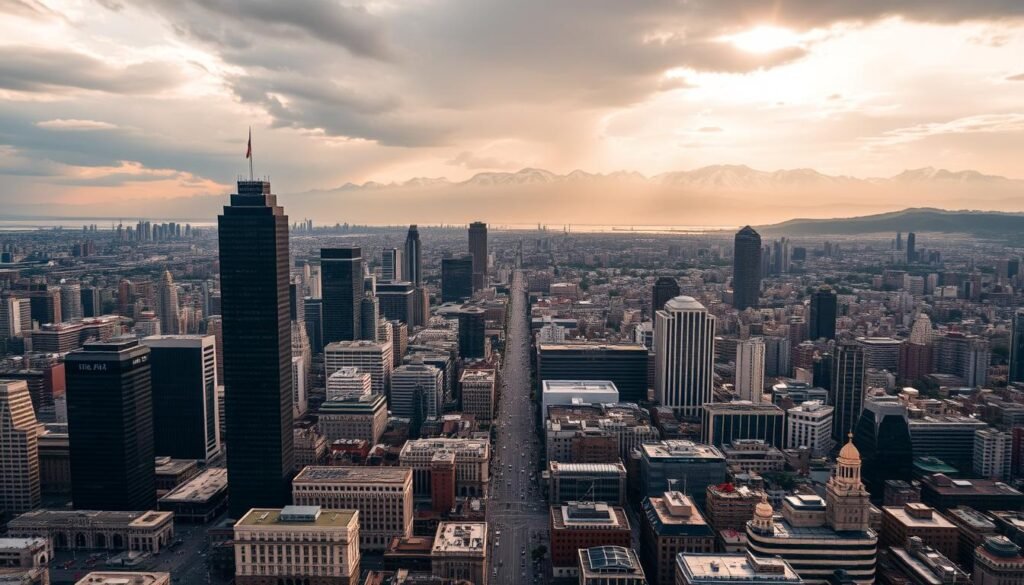 A breathtaking aerial view of Mexico City, its towering skyscrapers and iconic landmarks set against a dramatic sky. The foreground features the city's vast urban landscape, with a bustling street scene below. The middle ground showcases the city's diverse architecture, from colonial-era buildings to modern high-rises. The background is dominated by the majestic snow-capped peaks of the surrounding mountains, hinting at the city's high-altitude location. The lighting is soft and diffused, creating a warm, golden glow that enhances the sense of atmosphere and mood. The overall scene conveys the unique character of Mexico City's weather, with the altitude's impact on the climate evident in the crisp, clear air and the interplay of urban and natural elements.