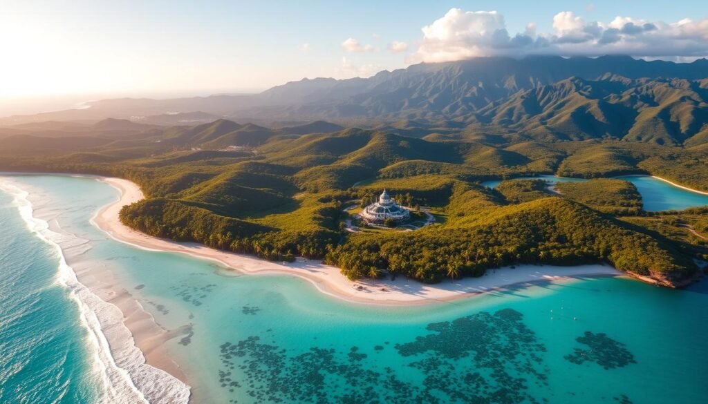 A breathtaking aerial view of a pristine Caribbean island, bathed in warm, golden sunlight. The foreground features crystal-clear turquoise waters lapping against a powdery white sand beach, dotted with swaying palm trees. The middle ground showcases lush, verdant hills and valleys, with meandering hiking trails and hidden waterfalls. In the distance, a majestic mountain range rises up, its peaks capped with a dusting of clouds. The scene exudes a sense of tranquility, inviting the viewer to imagine themselves immersed in the island's natural beauty and laid-back Caribbean charm. A breathtaking aerial view of a pristine Caribbean island, bathed in warm, golden sunlight. The foreground features crystal-clear turquoise waters lapping against a powdery white sand beach, dotted with swaying palm trees. The middle ground showcases lush, verdant hills and valleys, with meandering hiking trails and hidden waterfalls. In the distance, a majestic mountain range rises up, its peaks capped with a dusting of clouds. The scene exudes a sense of tranquility, inviting the viewer to imagine themselves immersed in the island's natural beauty and laid-back Caribbean charm.