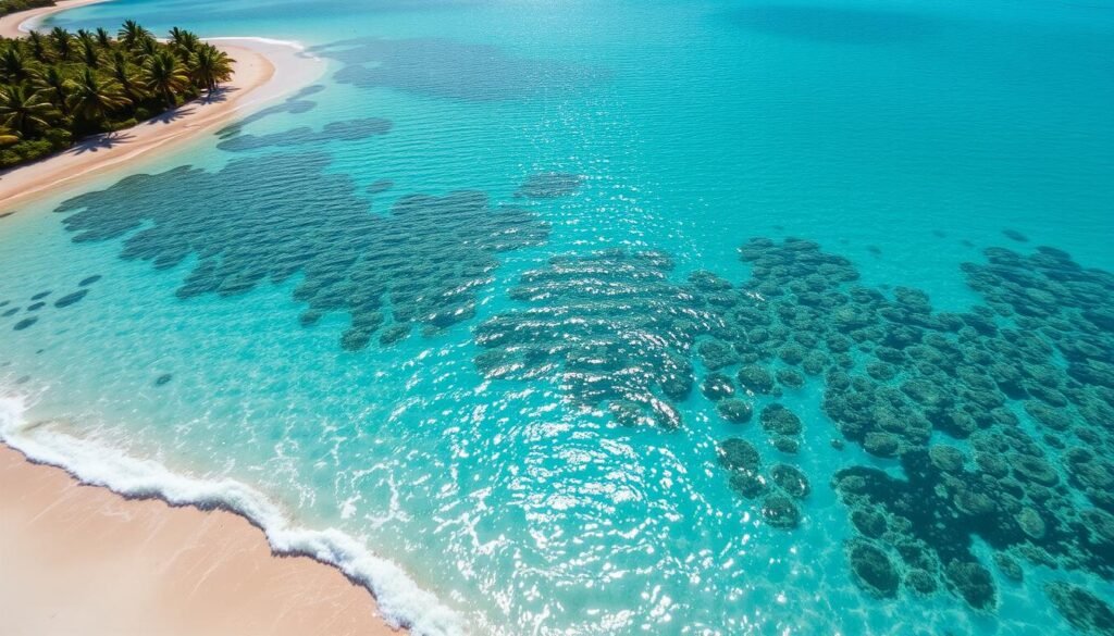 A breathtaking aerial view of a pristine Caribbean seascape, showcasing the crystal-clear turquoise waters and vibrant marine life beneath the surface. The sun's warm rays illuminate the scene, casting a serene and inviting atmosphere. In the foreground, shallow waves gently lap against a stretch of white sandy beach, while in the middle ground, schools of colorful fish dart through the shimmering waters. The background features a lush tropical coastline, with verdant palm trees swaying gently in the gentle breeze. The overall composition captures the ideal conditions for a perfect swimming, snorkeling, or diving experience in the waters of Jamaica. A breathtaking aerial view of a pristine Caribbean seascape, showcasing the crystal-clear turquoise waters and vibrant marine life beneath the surface. The sun's warm rays illuminate the scene, casting a serene and inviting atmosphere. In the foreground, shallow waves gently lap against a stretch of white sandy beach, while in the middle ground, schools of colorful fish dart through the shimmering waters. The background features a lush tropical coastline, with verdant palm trees swaying gently in the gentle breeze. The overall composition captures the ideal conditions for a perfect swimming, snorkeling, or diving experience in the waters of Jamaica.