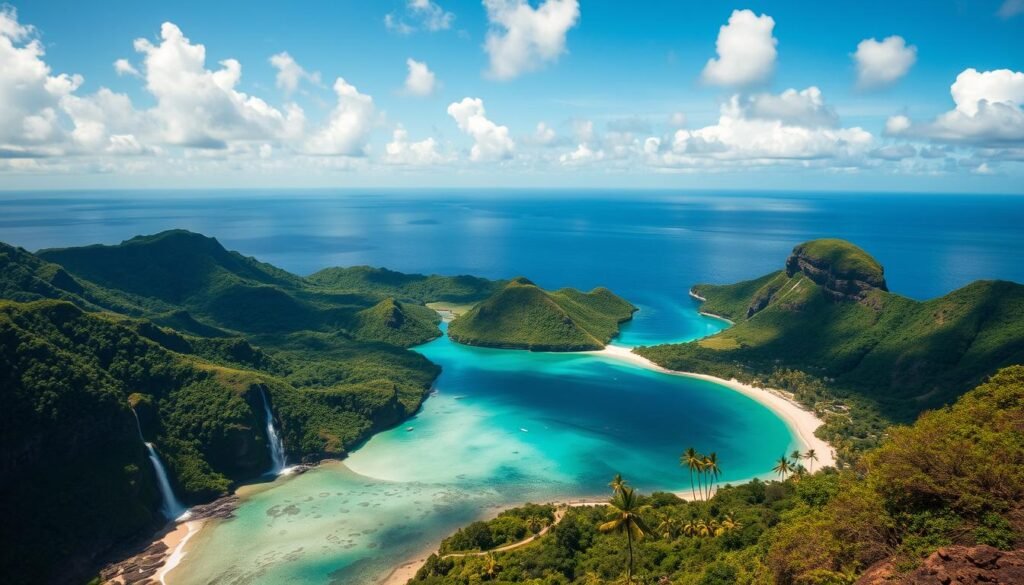 A breathtaking aerial view of a vibrant archipelago, where lush, verdant islands dot the turquoise waters of a tranquil tropical sea. In the foreground, towering volcanic peaks rise majestically, their slopes cloaked in a dense mantle of verdant foliage. Cascading waterfalls tumble over rugged cliffs, their gossamer threads of water glistening in the warm, golden sunlight. In the middle ground, picturesque beaches of pristine white sand stretch along the coastlines, framed by swaying palm trees and lush, emerald-hued vegetation. The background reveals a vast, azure horizon, dotted with fluffy, cumulus clouds that cast shifting patterns of light and shadow across the shimmering ocean surface. This serene, idyllic scene captures the essence of the Hawaiian islands, a tropical paradise that beckons travelers to explore its natural wonders and diverse landscapes. A breathtaking aerial view of a vibrant archipelago, where lush, verdant islands dot the turquoise waters of a tranquil tropical sea. In the foreground, towering volcanic peaks rise majestically, their slopes cloaked in a dense mantle of verdant foliage. Cascading waterfalls tumble over rugged cliffs, their gossamer threads of water glistening in the warm, golden sunlight. In the middle ground, picturesque beaches of pristine white sand stretch along the coastlines, framed by swaying palm trees and lush, emerald-hued vegetation. The background reveals a vast, azure horizon, dotted with fluffy, cumulus clouds that cast shifting patterns of light and shadow across the shimmering ocean surface. This serene, idyllic scene captures the essence of the Hawaiian islands, a tropical paradise that beckons travelers to explore its natural wonders and diverse landscapes.