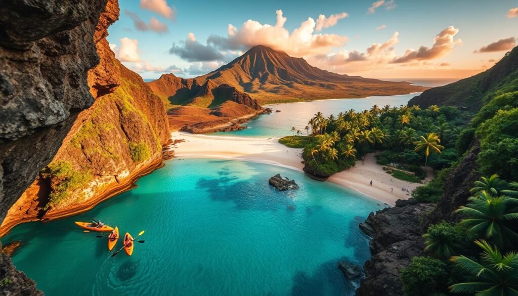 A breathtaking aerial view of the Hawaiian coastline, with towering emerald cliffs cascading into crystal-clear turquoise waters. In the foreground, a group of adventurous kayakers paddle through a hidden sea cave, its walls glistening with natural light. In the middle ground, a stunning white-sand beach fringed with swaying palm trees, where a lone hiker pauses to take in the panoramic vistas. In the background, the silhouette of a majestic volcano rises against a vibrant orange and pink sunset sky, its slopes cloaked in lush tropical foliage. The scene is bathed in a warm, golden glow, capturing the essence of the epic, awe-inspiring experiences that await in this island paradise. A breathtaking aerial view of the Hawaiian coastline, with towering emerald cliffs cascading into crystal-clear turquoise waters. In the foreground, a group of adventurous kayakers paddle through a hidden sea cave, its walls glistening with natural light. In the middle ground, a stunning white-sand beach fringed with swaying palm trees, where a lone hiker pauses to take in the panoramic vistas. In the background, the silhouette of a majestic volcano rises against a vibrant orange and pink sunset sky, its slopes cloaked in lush tropical foliage. The scene is bathed in a warm, golden glow, capturing the essence of the epic, awe-inspiring experiences that await in this island paradise.