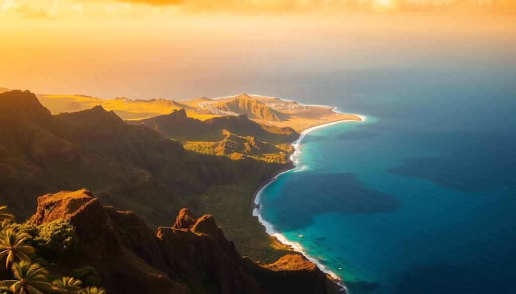 A breathtaking aerial view of the Hawaiian islands of Molokaʻi and Lānaʻi, their lush green valleys and towering sea cliffs dramatically juxtaposed against the azure blue of the Pacific Ocean. In the foreground, the rugged volcanic coastline of Molokaʻi, its jagged sea cliffs reaching skyward, framed by swaying palm trees and verdant foliage. In the middle distance, the gentle slopes of Lānaʻi, its pristine beaches and luxury resorts nestled amidst the verdant landscape. The background is a panoramic vista of the open ocean, a sense of serenity and tranquility permeating the scene. Warm, golden sunlight bathes the islands, creating a serene, almost ethereal atmosphere. The overall mood is one of peaceful isolation, a true escape from the hustle and bustle of the modern world. A breathtaking aerial view of the Hawaiian islands of Molokaʻi and Lānaʻi, their lush green valleys and towering sea cliffs dramatically juxtaposed against the azure blue of the Pacific Ocean. In the foreground, the rugged volcanic coastline of Molokaʻi, its jagged sea cliffs reaching skyward, framed by swaying palm trees and verdant foliage. In the middle distance, the gentle slopes of Lānaʻi, its pristine beaches and luxury resorts nestled amidst the verdant landscape. The background is a panoramic vista of the open ocean, a sense of serenity and tranquility permeating the scene. Warm, golden sunlight bathes the islands, creating a serene, almost ethereal atmosphere. The overall mood is one of peaceful isolation, a true escape from the hustle and bustle of the modern world.