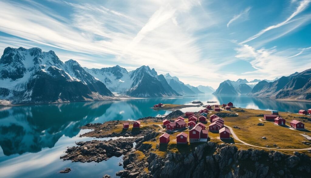 A breathtaking aerial view of the Lofoten Islands, Norway's magnificent archipelago in the Arctic Circle. Jagged, snow-capped peaks rise dramatically from the turquoise fjords, their reflection mirrored in the still waters below. In the foreground, traditional red and white fishing cabins dot the rocky shoreline, their vibrant hues contrasting with the rugged landscape. Wispy clouds drift across a bright, sun-dappled sky, casting soft shadows over the scene. The overall mood is one of serene, untamed beauty, perfectly capturing the essence of this stunning Nordic region. A breathtaking aerial view of the Lofoten Islands, Norway's magnificent archipelago in the Arctic Circle. Jagged, snow-capped peaks rise dramatically from the turquoise fjords, their reflection mirrored in the still waters below. In the foreground, traditional red and white fishing cabins dot the rocky shoreline, their vibrant hues contrasting with the rugged landscape. Wispy clouds drift across a bright, sun-dappled sky, casting soft shadows over the scene. The overall mood is one of serene, untamed beauty, perfectly capturing the essence of this stunning Nordic region.