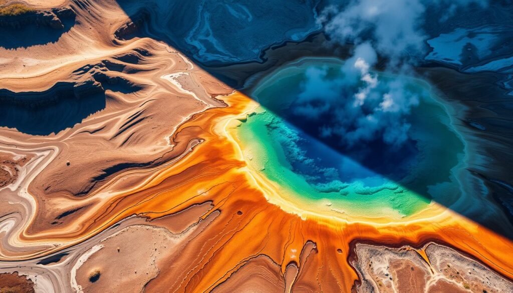 A breathtaking aerial view of the iconic Grand Prismatic Spring in Yellowstone National Park. The steaming, multi-hued pool nestled in the rugged, volcanic landscape, its vibrant blues, greens, oranges, and reds reflecting the diverse thermophilic microbial mats that line its edges. Warm afternoon sunlight illuminates the scene, casting dramatic shadows across the undulating terrain. The spring's massive size and striking colors are captured from a high vantage point, emphasizing its grandeur and natural beauty within the larger Yellowstone ecosystem. A breathtaking aerial view of the iconic Grand Prismatic Spring in Yellowstone National Park. The steaming, multi-hued pool nestled in the rugged, volcanic landscape, its vibrant blues, greens, oranges, and reds reflecting the diverse thermophilic microbial mats that line its edges. Warm afternoon sunlight illuminates the scene, casting dramatic shadows across the undulating terrain. The spring's massive size and striking colors are captured from a high vantage point, emphasizing its grandeur and natural beauty within the larger Yellowstone ecosystem.