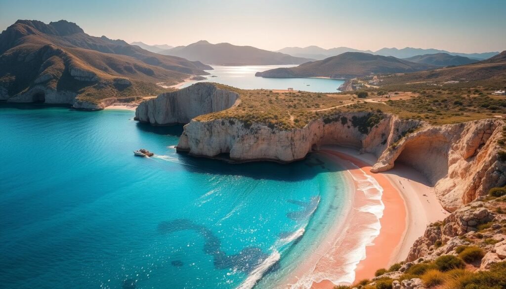 A breathtaking aerial view of the stunning beaches of Crete, Greece. In the foreground, crystal-clear turquoise waters gently lap against the shore, lined with vibrant pink sand. Towering, rugged cliffs rise up in the middle ground, casting dramatic shadows over the cove. In the distance, a panoramic vista reveals the island's iconic mountainous terrain, dotted with lush greenery and ancient ruins. Warm, golden sunlight floods the scene, creating a serene, idyllic atmosphere. Capture the timeless beauty and rich history of this captivating Mediterranean paradise.