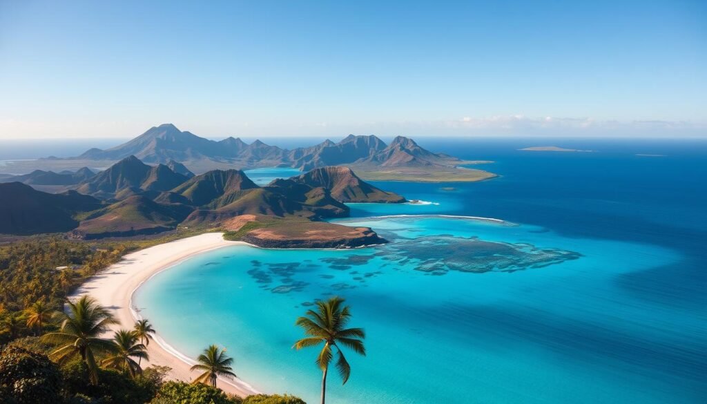 A breathtaking archipelago of volcanic islands in the Atlantic Ocean, dazzling white sand beaches gently lapped by turquoise waters, swaying palm trees and lush subtropical vegetation in the foreground. In the middle ground, rugged volcanic peaks and dramatic cliffs rise up, their dramatic silhouettes against a clear azure sky. The background features the boundless expanse of the ocean, its horizon dotted with small, picturesque islands. Warm, golden sunlight bathes the entire scene, creating a sense of warmth, serenity and paradise. A wide-angle lens captures the sweeping vistas, emphasizing the scale and majesty of this island idyll. A breathtaking archipelago of volcanic islands in the Atlantic Ocean, dazzling white sand beaches gently lapped by turquoise waters, swaying palm trees and lush subtropical vegetation in the foreground. In the middle ground, rugged volcanic peaks and dramatic cliffs rise up, their dramatic silhouettes against a clear azure sky. The background features the boundless expanse of the ocean, its horizon dotted with small, picturesque islands. Warm, golden sunlight bathes the entire scene, creating a sense of warmth, serenity and paradise. A wide-angle lens captures the sweeping vistas, emphasizing the scale and majesty of this island idyll.