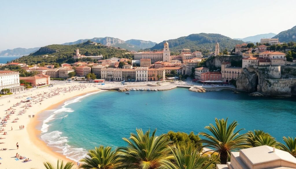 A breathtaking coastal landscape bathed in warm Mediterranean light. Pristine sandy beaches stretch along the Côte d'Azur, flanked by idyllic seaside towns with terracotta-tiled roofs and pastel-colored facades. In the foreground, sunbathers lounge on striped beach towels, while in the middle ground, a historic promenade bustles with cafes, boutiques, and strolling pedestrians. In the distance, rugged cliffs and hills rise up, dotted with lush vegetation and picturesque villas. The scene exudes a tranquil, luxurious atmosphere, capturing the essence of the French Riviera's allure.