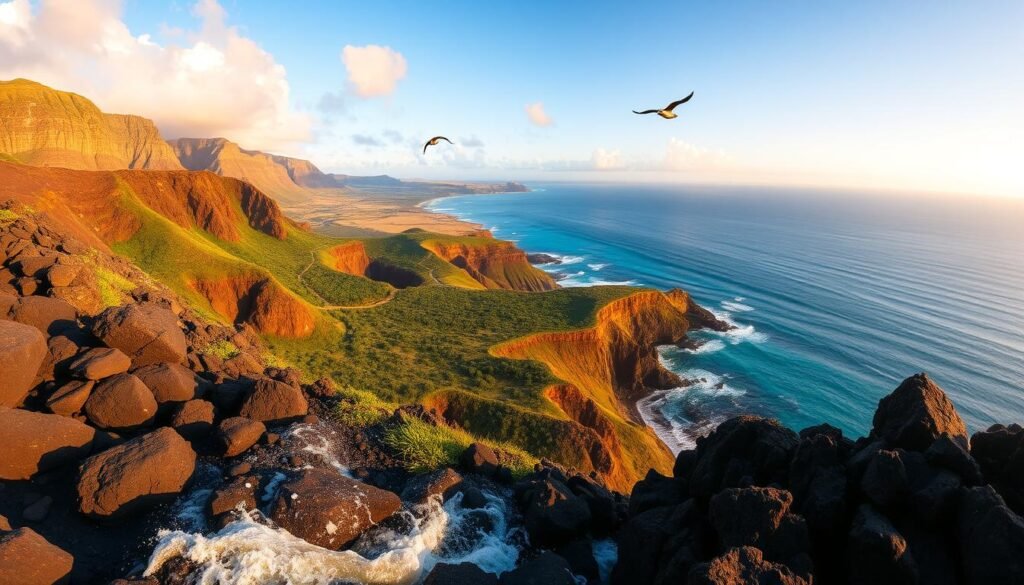 A breathtaking coastal panorama of Kaʻena Point, Oahu, Hawaii. In the foreground, rugged volcanic rocks and crashing waves set the scene. Explore the lush, verdant hiking trails winding through the middleground, framed by dramatic cliff faces and windswept vegetation. In the distance, the azure Pacific ocean stretches to the horizon, dotted with the graceful silhouettes of Laysan albatrosses soaring on the gentle trade winds. Golden hour sunlight bathes the entire vista in a warm, ethereal glow, creating a serene and magical atmosphere. Capture the essence of this stunning natural wonder with a wide-angle lens, showcasing the captivating beauty of this iconic Hawaiian landscape.