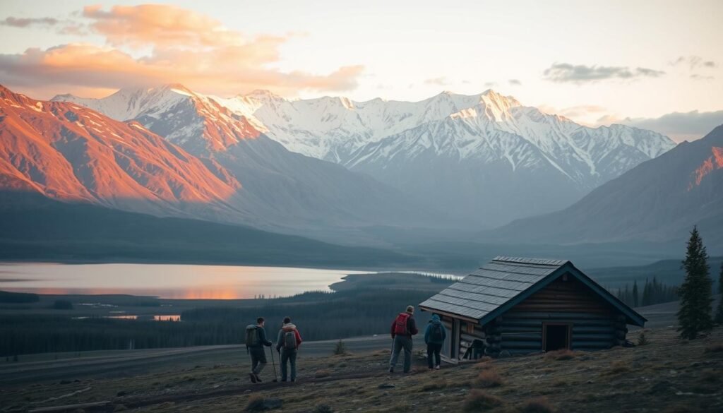 A breathtaking landscape in muted tones, with a snow-capped mountain range in the distance, a serene lake reflecting the sky, and a modest log cabin nestled in the foreground. The warm glow of sunset bathes the scene in a soft, golden light, creating a cozy and inviting atmosphere. In the middle ground, a group of hikers explores the rugged terrain, their backpacks and hiking gear suggesting a budget-friendly adventure. The overall composition conveys the rugged beauty and affordability of visiting Alaska during the shoulder season. A breathtaking landscape in muted tones, with a snow-capped mountain range in the distance, a serene lake reflecting the sky, and a modest log cabin nestled in the foreground. The warm glow of sunset bathes the scene in a soft, golden light, creating a cozy and inviting atmosphere. In the middle ground, a group of hikers explores the rugged terrain, their backpacks and hiking gear suggesting a budget-friendly adventure. The overall composition conveys the rugged beauty and affordability of visiting Alaska during the shoulder season.