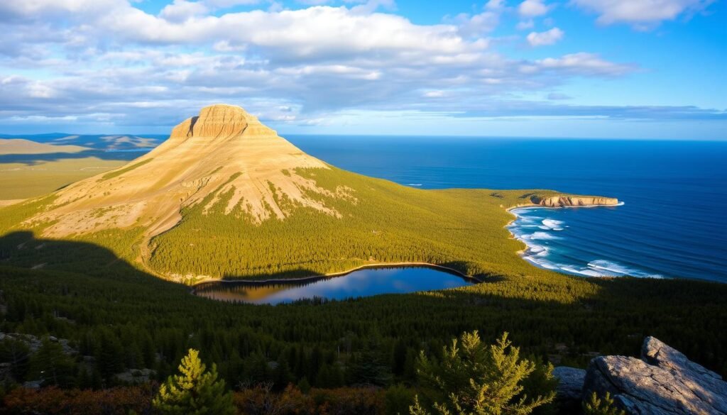A breathtaking landscape of Acadia National Park, Maine. In the foreground, the iconic Cadillac Mountain stands tall, its granite slopes bathed in warm, golden light. At its base, the serene Jordan Pond reflects the surrounding peaks and forest canopy, creating a mirror-like effect. In the distance, the rugged coastline meets the deep blue of the Atlantic Ocean, with waves crashing against the rocky shores. The scene is infused with a sense of tranquility and awe, inviting the viewer to explore this natural wonder. Captured through a wide-angle lens, the image showcases the park's diverse terrain and the harmony between land, water, and sky. A breathtaking landscape of Acadia National Park, Maine. In the foreground, the iconic Cadillac Mountain stands tall, its granite slopes bathed in warm, golden light. At its base, the serene Jordan Pond reflects the surrounding peaks and forest canopy, creating a mirror-like effect. In the distance, the rugged coastline meets the deep blue of the Atlantic Ocean, with waves crashing against the rocky shores. The scene is infused with a sense of tranquility and awe, inviting the viewer to explore this natural wonder. Captured through a wide-angle lens, the image showcases the park's diverse terrain and the harmony between land, water, and sky.