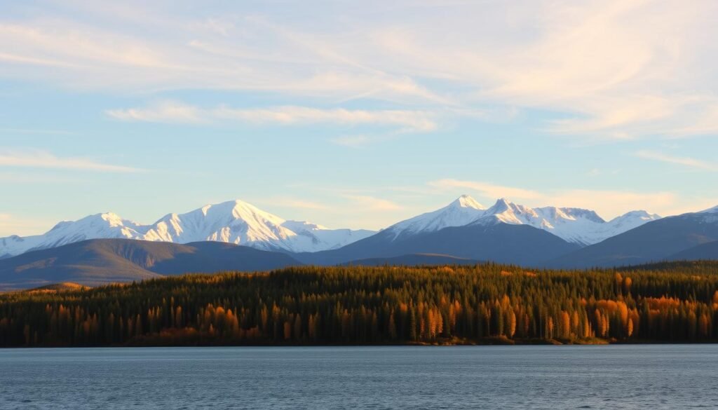 A breathtaking landscape of Alaska's vast wilderness, bathed in the warm glow of golden hour sunlight. The foreground features a serene lake, its waters reflecting the vibrant hues of the surrounding trees in shades of green, orange, and red. In the middle ground, majestic snow-capped mountains rise majestically, their peaks kissed by the sun's gentle rays. The background is dominated by a clear, azure sky, with wispy clouds casting a soft, diffused light over the entire scene. The overall atmosphere is one of tranquility and natural splendor, inviting the viewer to immerse themselves in the beauty of Alaska during its prime season. A breathtaking landscape of Alaska's vast wilderness, bathed in the warm glow of golden hour sunlight. The foreground features a serene lake, its waters reflecting the vibrant hues of the surrounding trees in shades of green, orange, and red. In the middle ground, majestic snow-capped mountains rise majestically, their peaks kissed by the sun's gentle rays. The background is dominated by a clear, azure sky, with wispy clouds casting a soft, diffused light over the entire scene. The overall atmosphere is one of tranquility and natural splendor, inviting the viewer to immerse themselves in the beauty of Alaska during its prime season.