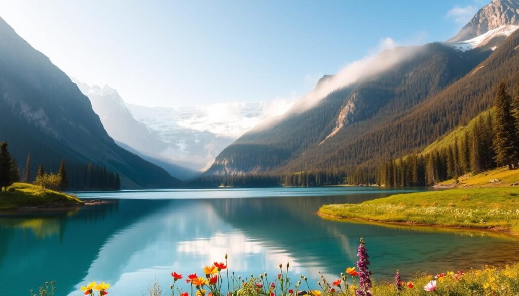 A breathtaking landscape of Banff National Park in the Canadian Rockies, captured in the prime of spring. The foreground features a serene mountain lake, its crystal-clear waters reflecting the surrounding snow-capped peaks and lush, verdant forests. In the middle ground, vibrant wildflowers dot the gently rolling hills, while the background is dominated by majestic, towering mountains shrouded in a soft, ethereal mist. The scene is bathed in warm, golden light, creating a sense of tranquility and natural beauty. The composition is balanced and harmonious, inviting the viewer to immerse themselves in the splendor of this iconic Canadian wilderness. A breathtaking landscape of Banff National Park in the Canadian Rockies, captured in the prime of spring. The foreground features a serene mountain lake, its crystal-clear waters reflecting the surrounding snow-capped peaks and lush, verdant forests. In the middle ground, vibrant wildflowers dot the gently rolling hills, while the background is dominated by majestic, towering mountains shrouded in a soft, ethereal mist. The scene is bathed in warm, golden light, creating a sense of tranquility and natural beauty. The composition is balanced and harmonious, inviting the viewer to immerse themselves in the splendor of this iconic Canadian wilderness.
