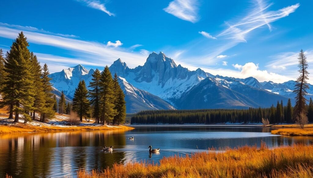 A breathtaking landscape of snow-capped peaks silhouetted against a crisp, azure sky. In the foreground, a serene alpine lake reflects the majestic Teton range, its still waters interrupted by the graceful movements of waterfowl. Dappled sunlight filters through wispy clouds, casting a warm, golden glow over the rugged terrain. Towering pines stand sentinel, their verdant boughs swaying gently in the mountain breeze. A sense of tranquility and wonder permeates the scene, inviting the viewer to immerse themselves in the natural beauty of Grand Teton National Park in the springtime.