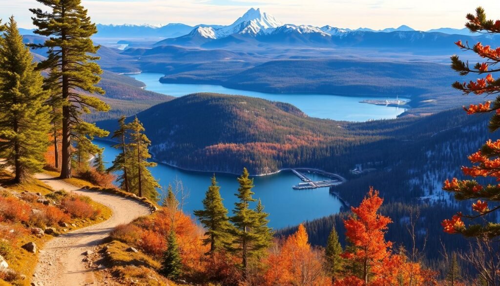 A breathtaking landscape of the Keweenaw Peninsula, showcasing the winding Copper Harbor trails against the backdrop of rugged, snow-capped peaks. The foreground is dominated by a well-maintained hiking path, flanked by towering pines and vibrant autumn foliage. The middle ground reveals a panoramic view of the harbor, its azure waters reflecting the surrounding cliffs and forests. In the distance, the majestic Mount Bohemia rises majestically, its summit capped with a dusting of fresh snow. The scene is bathed in a warm, golden light, creating a sense of tranquility and adventure. The image conveys the pristine natural beauty and outdoor recreation opportunities that make this region a must-visit destination.