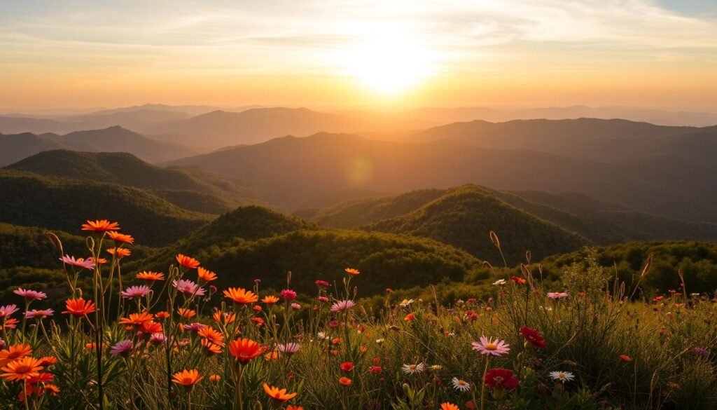 A breathtaking landscape of the majestic Blue Ridge Mountains, bathed in the golden glow of the setting sun. In the foreground, a vibrant array of wildflowers sways gently in the cool mountain breeze, their petals reflecting the warm hues of the fading daylight. The middle ground features rolling hills blanketed in lush, verdant foliage, while the distant peaks rise majestically, their silhouettes accented by the soft, diffused light. The scene is captured through a wide-angle lens, providing a sweeping, panoramic view that invites the viewer to immerse themselves in the serene and tranquil atmosphere of this iconic Appalachian region. The overall mood is one of awe and wonder, capturing the essence of the Blue Ridge Parkway's natural beauty and musical heritage.