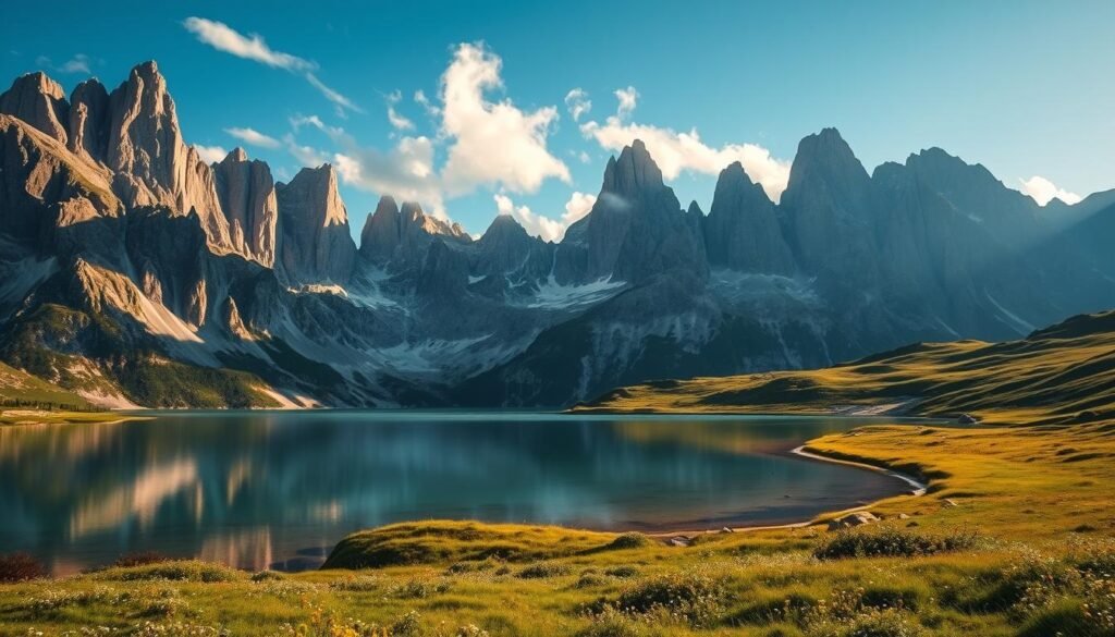 A breathtaking landscape of the majestic Dolomites mountain range, a UNESCO World Heritage site in northern Italy. In the foreground, a pristine alpine lake reflects the towering peaks, their jagged rock formations bathed in warm golden light. Wisps of cloud dance around the summits, creating an ethereal atmosphere. The middle ground features lush alpine meadows dotted with wildflowers, while the background showcases the dramatic, snow-capped mountains rising up against a deep blue sky. Capture the grandeur and natural beauty of this iconic Italian destination, where the rocky spires and serene valleys come together in a stunning display of nature's wonder. A breathtaking landscape of the majestic Dolomites mountain range, a UNESCO World Heritage site in northern Italy. In the foreground, a pristine alpine lake reflects the towering peaks, their jagged rock formations bathed in warm golden light. Wisps of cloud dance around the summits, creating an ethereal atmosphere. The middle ground features lush alpine meadows dotted with wildflowers, while the background showcases the dramatic, snow-capped mountains rising up against a deep blue sky. Capture the grandeur and natural beauty of this iconic Italian destination, where the rocky spires and serene valleys come together in a stunning display of nature's wonder.