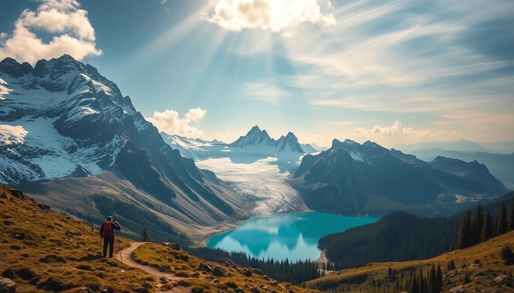 A breathtaking landscape of towering snow-capped peaks, rugged cliffs, and lush alpine meadows. In the foreground, a lone hiker navigates a winding trail, their backpack and trekking poles indicating an adventurous journey. Shafts of warm, golden light filter through wispy clouds, casting a serene glow over the scene. In the middle ground, a crystal-clear glacial lake reflects the majestic peaks, their jagged silhouettes mirrored in the still waters. The background is dominated by a vast, untamed wilderness, with dense forests and distant, fog-shrouded mountains hinting at the unexplored wonders that lie beyond. The overall composition conveys a sense of awe, adventure, and the raw, untamed beauty of the natural world. A breathtaking landscape of towering snow-capped peaks, rugged cliffs, and lush alpine meadows. In the foreground, a lone hiker navigates a winding trail, their backpack and trekking poles indicating an adventurous journey. Shafts of warm, golden light filter through wispy clouds, casting a serene glow over the scene. In the middle ground, a crystal-clear glacial lake reflects the majestic peaks, their jagged silhouettes mirrored in the still waters. The background is dominated by a vast, untamed wilderness, with dense forests and distant, fog-shrouded mountains hinting at the unexplored wonders that lie beyond. The overall composition conveys a sense of awe, adventure, and the raw, untamed beauty of the natural world.