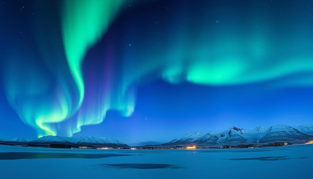 A breathtaking night sky in Reykjavik, Iceland, where the Northern Lights dance in mesmerizing swirls of emerald, indigo, and violet. The Aurora Borealis illuminates the snowy landscape, creating a serene, otherworldly atmosphere. In the foreground, a frozen lake reflects the celestial display, while in the distance, the silhouettes of snow-capped mountains stand in silent awe. The scene is captured with a wide-angle lens, showcasing the grandeur and vastness of this natural wonder. The image exudes a sense of tranquility, wonder, and the pure magic of a winter wonderland. A breathtaking night sky in Reykjavik, Iceland, where the Northern Lights dance in mesmerizing swirls of emerald, indigo, and violet. The Aurora Borealis illuminates the snowy landscape, creating a serene, otherworldly atmosphere. In the foreground, a frozen lake reflects the celestial display, while in the distance, the silhouettes of snow-capped mountains stand in silent awe. The scene is captured with a wide-angle lens, showcasing the grandeur and vastness of this natural wonder. The image exudes a sense of tranquility, wonder, and the pure magic of a winter wonderland.