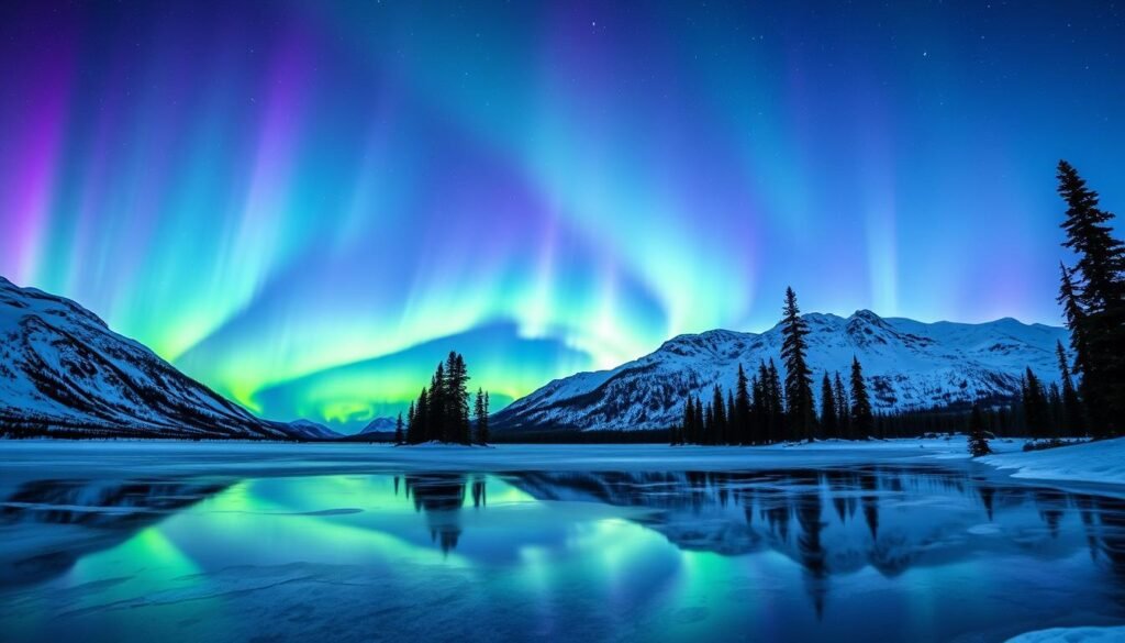 A breathtaking nightscape of the northern lights dancing over the snow-covered peaks of Fairbanks, Alaska. The vibrant ribbons of green, purple, and blue aurora borealis illuminate the sky, casting a ethereal glow on the rugged landscape below. In the foreground, a serene frozen lake reflects the captivating celestial display, creating a mesmerizing mirror effect. Towering evergreen trees line the shoreline, their silhouettes standing tall against the radiant heavens. A sense of wonder and tranquility permeates the scene, inviting the viewer to experience the awe-inspiring natural beauty of this remote Alaskan destination. A breathtaking nightscape of the northern lights dancing over the snow-covered peaks of Fairbanks, Alaska. The vibrant ribbons of green, purple, and blue aurora borealis illuminate the sky, casting a ethereal glow on the rugged landscape below. In the foreground, a serene frozen lake reflects the captivating celestial display, creating a mesmerizing mirror effect. Towering evergreen trees line the shoreline, their silhouettes standing tall against the radiant heavens. A sense of wonder and tranquility permeates the scene, inviting the viewer to experience the awe-inspiring natural beauty of this remote Alaskan destination.