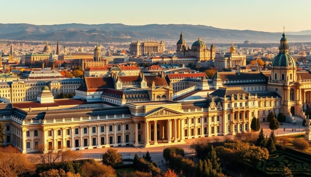 A breathtaking panorama of Madrid's world-renowned art museums, standing as beacons of the city's rich cultural heritage. In the foreground, the iconic Prado Museum, its neoclassical facade bathed in warm, golden light, inviting visitors to explore its vast collection of masterpieces. Surrounding it, the Reina Sofía and Thyssen-Bornemisza Museums, modern architectural marvels, seamlessly blend with the historic cityscape. In the middle ground, the grand Royal Palace and manicured gardens add a regal touch, while in the distance, the spires of historic churches and the rolling hills of the Castilian landscape create a timeless backdrop, evoking a sense of timeless elegance and grandeur.