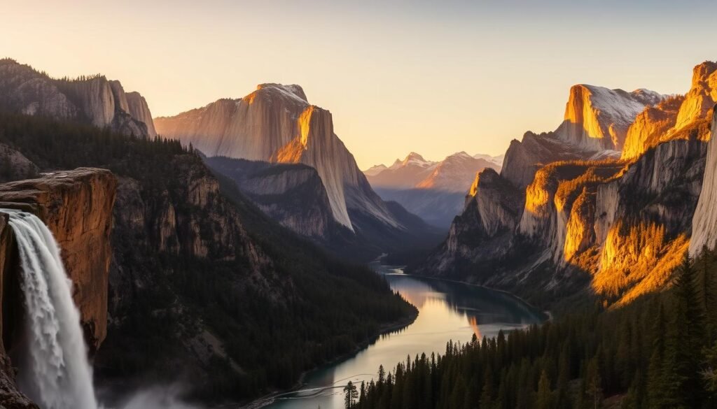 A breathtaking panorama of Yosemite National Park's iconic granite peaks, bathed in the warm glow of golden hour light. In the foreground, the thundering Yosemite Falls cascades down the sheer cliffs, its mist-shrouded waters sparkling like diamonds. The mid-ground features the serene Merced River, its glassy surface reflecting the majestic granite monoliths of El Capitan and Half Dome. The background is dominated by the towering, snow-capped Sierra Nevada mountains, creating a dramatic, cathedral-like backdrop. The scene is imbued with a sense of timeless grandeur, inviting the viewer to immerse themselves in the awe-inspiring natural beauty of this cherished American landscape. A breathtaking panorama of Yosemite National Park's iconic granite peaks, bathed in the warm glow of golden hour light. In the foreground, the thundering Yosemite Falls cascades down the sheer cliffs, its mist-shrouded waters sparkling like diamonds. The mid-ground features the serene Merced River, its glassy surface reflecting the majestic granite monoliths of El Capitan and Half Dome. The background is dominated by the towering, snow-capped Sierra Nevada mountains, creating a dramatic, cathedral-like backdrop. The scene is imbued with a sense of timeless grandeur, inviting the viewer to immerse themselves in the awe-inspiring natural beauty of this cherished American landscape.
