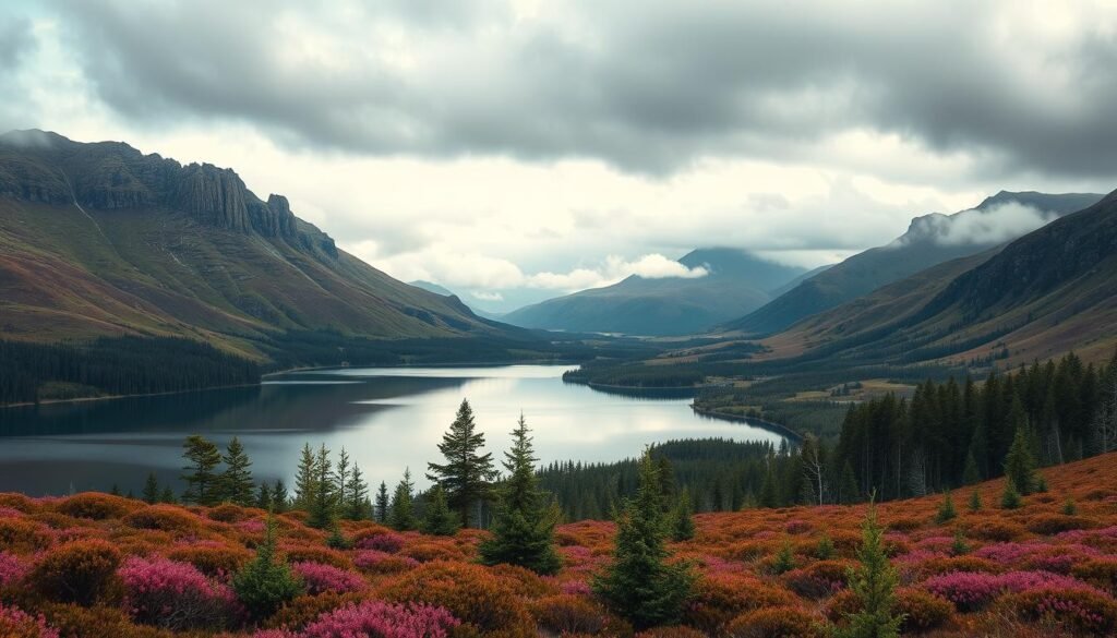 A breathtaking panorama of the Scottish Highlands, with towering mountains of rugged granite and lush, rolling hills blanketed in vibrant heather. In the foreground, a pristine lake reflects the surrounding peaks, its still waters mirroring the moody, overcast sky. Thick forests of ancient pine and birch trees line the lakeshores, their branches swaying gently in the cool breeze. Distant glens and valleys are shrouded in a soft, ethereal mist, lending an air of mystery and timelessness to the scene. The lighting is natural and diffused, casting a warm, golden glow over the entire landscape. The composition is balanced and harmonious, drawing the viewer's eye deep into the heart of this majestic, untamed wilderness.