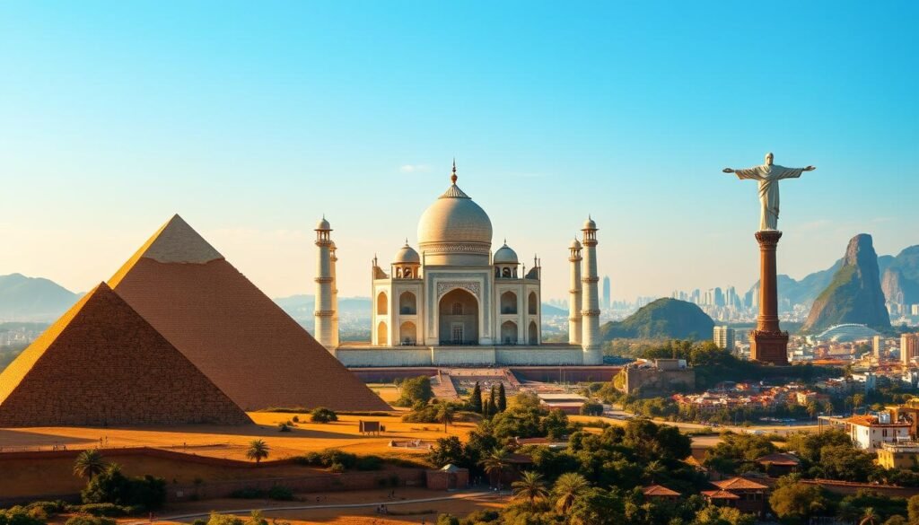 A breathtaking panorama showcasing the world's most iconic landmarks. In the foreground, the ancient Pyramids of Giza stand majestically, their timeless silhouettes bathed in warm, golden light. The middle ground features the iconic Taj Mahal, its marble facade reflecting the azure sky above. In the distance, the towering Christ the Redeemer statue overlooks the bustling city of Rio de Janeiro, with the stunning Sugarloaf Mountain as a dramatic backdrop. The scene is further enhanced by a serene, cinematic atmosphere, with soft, diffused lighting and a sense of depth and scale that captivates the viewer, transporting them to these remarkable wonders of the world. A breathtaking panorama showcasing the world's most iconic landmarks. In the foreground, the ancient Pyramids of Giza stand majestically, their timeless silhouettes bathed in warm, golden light. The middle ground features the iconic Taj Mahal, its marble facade reflecting the azure sky above. In the distance, the towering Christ the Redeemer statue overlooks the bustling city of Rio de Janeiro, with the stunning Sugarloaf Mountain as a dramatic backdrop. The scene is further enhanced by a serene, cinematic atmosphere, with soft, diffused lighting and a sense of depth and scale that captivates the viewer, transporting them to these remarkable wonders of the world.