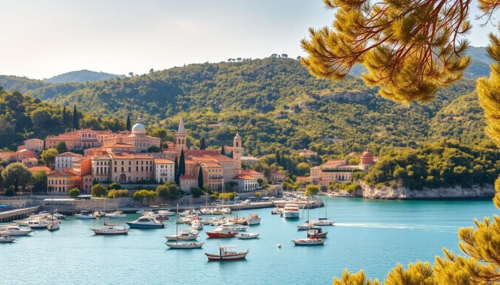 A breathtaking panoramic view of Corfu's stunning coastline, with sun-drenched Venetian-style architecture nestled among verdant olive groves. In the foreground, a picturesque harbor filled with traditional fishing boats, their vibrant colors reflecting in the calm, turquoise waters. Further back, the lush green hills rise up, dotted with the iconic cypress trees that characterize the island's landscape. The scene is bathed in warm, golden light, casting a soft, romantic glow over the entire tableau. A wide-angle lens captures the sweeping vistas, showcasing the island's natural beauty and rich cultural heritage. This serene and enchanting image perfectly encapsulates the essence of Corfu - a true gem of the Greek islands.