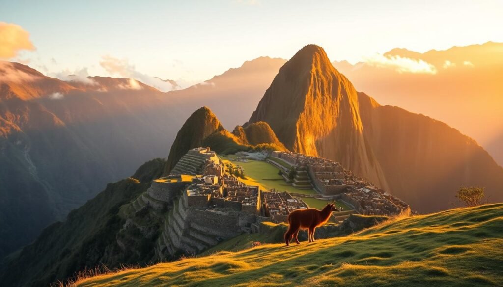 A breathtaking panoramic view of Machu Picchu's ancient ruins at sunrise. The iconic stone structures stand in serene tranquility, bathed in warm golden hues that gradually spill across the lush, terraced hillsides. Wisps of mist cling to the distant mountains, creating an ethereal, dreamlike atmosphere. A lone llama grazes peacefully in the foreground, its silhouette accentuating the timeless majesty of this UNESCO World Heritage site. The scene exudes a sense of timeless wonder, capturing the essence of Machu Picchu's magical morning allure.