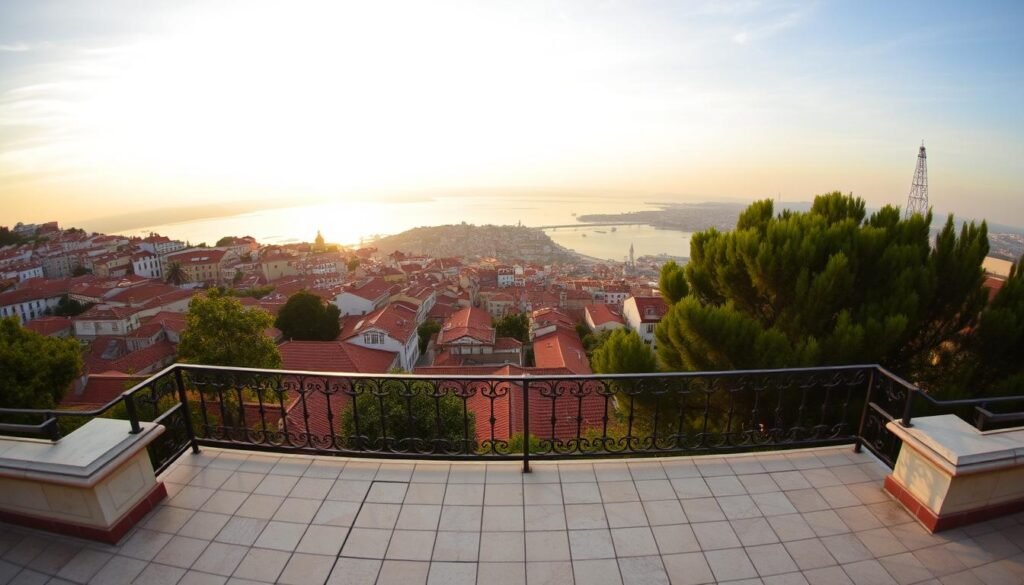 A breathtaking panoramic view of Miradouro de Santa Luzia, a classic Lisbon overlook. In the foreground, a tiled terrace with ornate wrought-iron railings frames the scene. The middle ground features the iconic tiled rooftops and colorful buildings of the Alfama district, cascading down the hills. In the background, the majestic Tagus River glistens under a warm, golden sunset sky. Lush, verdant trees and shrubs dot the landscape, creating a serene, picturesque atmosphere. The image is captured with a wide-angle lens, conveying a sense of grandeur and tranquility, inviting the viewer to linger and soak in the timeless beauty of this beloved Lisbon viewpoint.