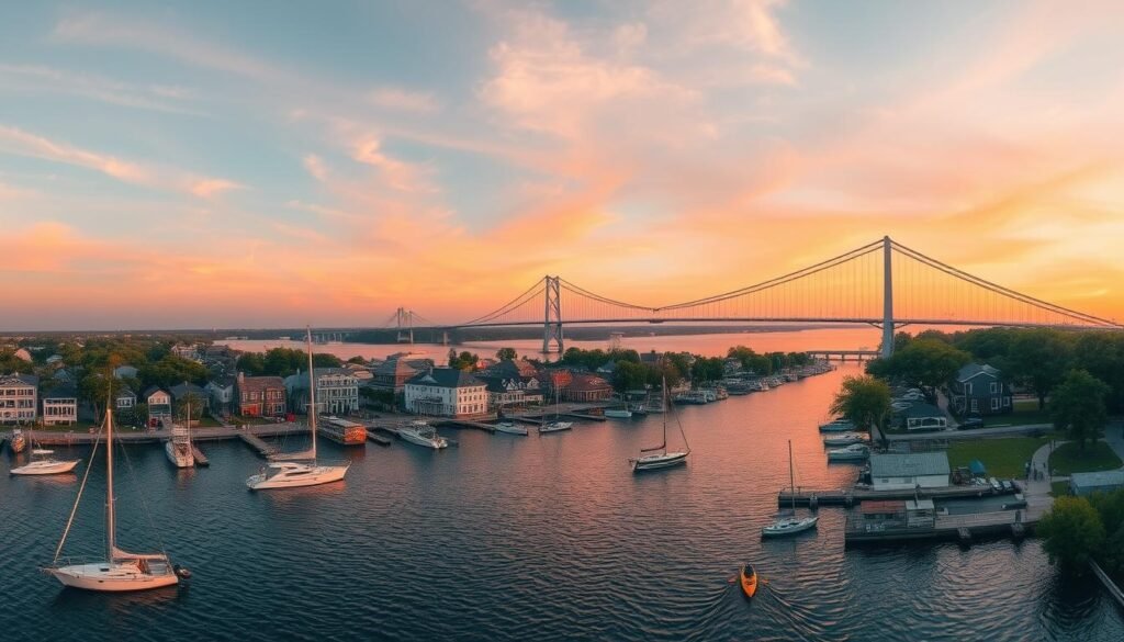 A breathtaking panoramic view of Mount Pleasant, South Carolina, captured through a wide-angle lens. In the foreground, the picturesque Shem Creek harbor teems with fishing boats and kayakers, the water shimmering in the golden hour light. The middle ground features the charming historic buildings and oak-lined streets of the charming town, while the background is dominated by the majestic Arthur Ravenel Jr. Bridge, its graceful arches and cables silhouetted against a vibrant, pastel-hued sunset sky. The scene exudes a serene, coastal atmosphere, inviting viewers to discover the natural beauty and tranquil allure of this Charleston-adjacent destination. A breathtaking panoramic view of Mount Pleasant, South Carolina, captured through a wide-angle lens. In the foreground, the picturesque Shem Creek harbor teems with fishing boats and kayakers, the water shimmering in the golden hour light. The middle ground features the charming historic buildings and oak-lined streets of the charming town, while the background is dominated by the majestic Arthur Ravenel Jr. Bridge, its graceful arches and cables silhouetted against a vibrant, pastel-hued sunset sky. The scene exudes a serene, coastal atmosphere, inviting viewers to discover the natural beauty and tranquil allure of this Charleston-adjacent destination.