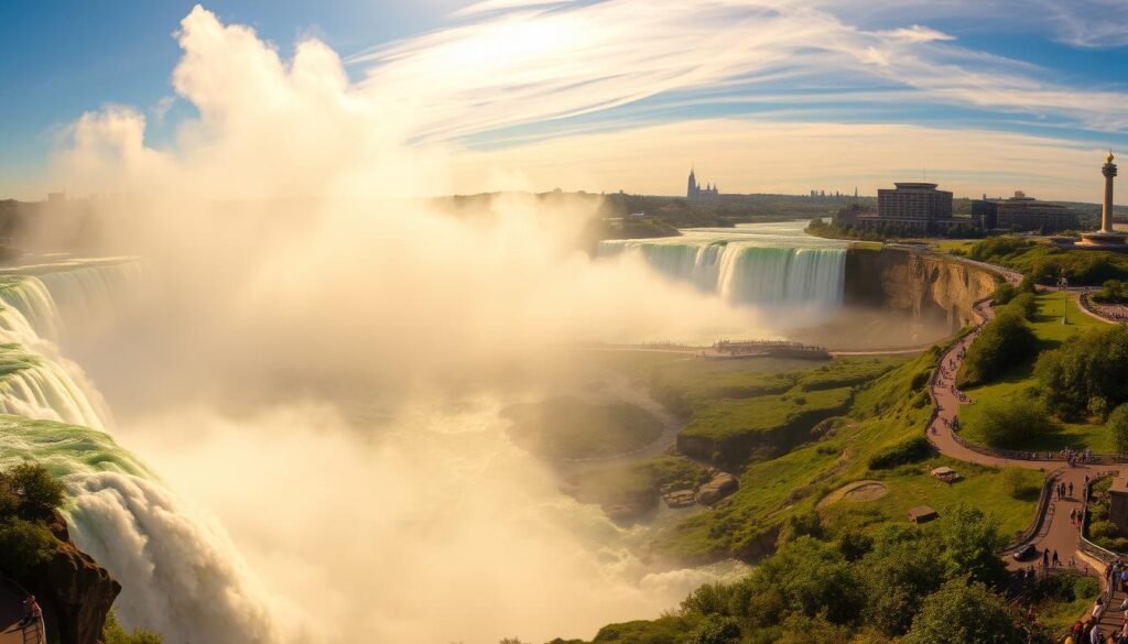 A breathtaking panoramic view of Niagara Falls, showcasing the majestic cascading waterfalls in the foreground. The mist and spray create a mesmerizing, ethereal atmosphere, illuminated by warm, golden sunlight filtering through the clouds. In the middle ground, people can be seen exploring the lush, verdant landscapes and observation decks, capturing the awe-inspiring sight. The background features the iconic landmarks and hotels of Niagara, framed by a vibrant, clear blue sky. The image conveys a sense of tranquility, wonder, and the natural power of one of the world's most stunning natural wonders.