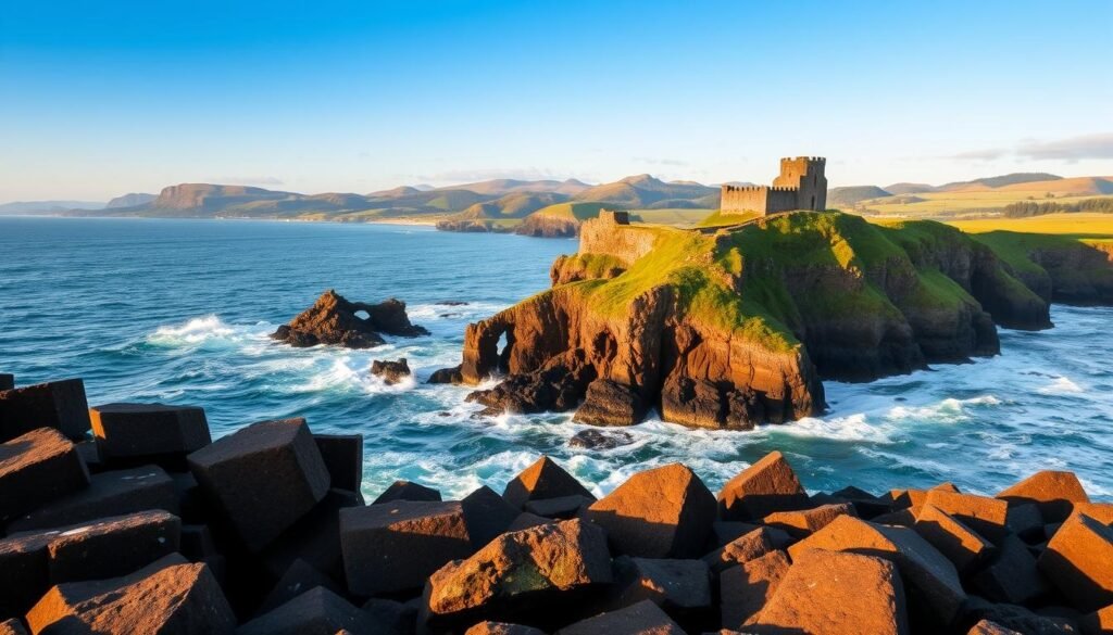 A breathtaking panoramic view of Northern Ireland's iconic landmarks. In the foreground, the dramatic silhouette of the Giant's Causeway, its hexagonal basalt columns jutting out into the crashing waves of the Atlantic. In the middle ground, the majestic ruins of Dunluce Castle perched atop a rugged cliff, overlooking the rugged coastline. In the background, the rolling green hills and lush forests of the Antrim countryside, bathed in the soft, golden glow of the setting sun. The scene is infused with a sense of timeless, rugged beauty, capturing the essence of Northern Ireland's natural and historical wonders. A breathtaking panoramic view of Northern Ireland's iconic landmarks. In the foreground, the dramatic silhouette of the Giant's Causeway, its hexagonal basalt columns jutting out into the crashing waves of the Atlantic. In the middle ground, the majestic ruins of Dunluce Castle perched atop a rugged cliff, overlooking the rugged coastline. In the background, the rolling green hills and lush forests of the Antrim countryside, bathed in the soft, golden glow of the setting sun. The scene is infused with a sense of timeless, rugged beauty, capturing the essence of Northern Ireland's natural and historical wonders.