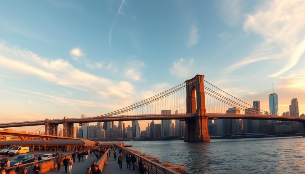 A breathtaking panoramic view of the iconic Brooklyn Bridge, its magnificent steel towers and graceful suspension cables stretching across the East River. In the foreground, the bustling waterfront promenade with people strolling and taking in the sights. In the middle distance, the striking silhouettes of lower Manhattan's skyscrapers against a vibrant sky, bathed in warm golden light as the sun sets. The scene is filled with a sense of energy and dynamism, capturing the unique character of New York City's renowned skyline and waterways. The image is captured with a wide-angle lens, highlighting the grand scale and architectural elegance of this beloved landmark. A breathtaking panoramic view of the iconic Brooklyn Bridge, its magnificent steel towers and graceful suspension cables stretching across the East River. In the foreground, the bustling waterfront promenade with people strolling and taking in the sights. In the middle distance, the striking silhouettes of lower Manhattan's skyscrapers against a vibrant sky, bathed in warm golden light as the sun sets. The scene is filled with a sense of energy and dynamism, capturing the unique character of New York City's renowned skyline and waterways. The image is captured with a wide-angle lens, highlighting the grand scale and architectural elegance of this beloved landmark.
