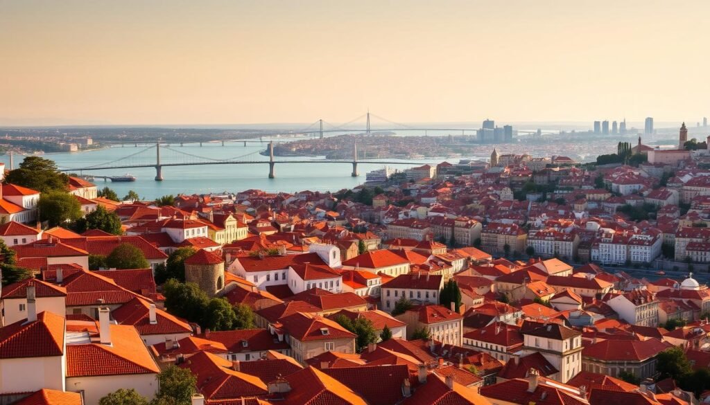 A breathtaking panoramic view of the iconic cityscape of Lisbon, Portugal. In the foreground, the quaint and colorful historic buildings cascade down the hills, their terracotta roofs glowing warmly in the soft, golden afternoon light. In the middle ground, the majestic Tagus River winds its way through the city, its sparkling waters reflecting the picturesque architecture. In the distance, the impressive bridges and modern skyscrapers of the financial district rise up, creating a striking contrast against the old-world charm of the city center. The overall scene is bathed in a warm, inviting atmosphere, capturing the vibrant and dynamic essence of Lisbon.