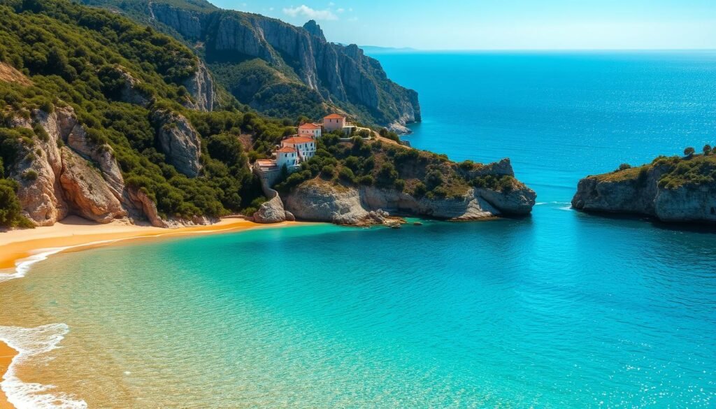 A breathtaking, panoramic view of the stunning turquoise waters of Kefalonia, Greece. In the foreground, crystal-clear, gently lapping waves caress the smooth, golden sand of a secluded beach, flanked by towering, craggy cliffs draped in lush, verdant foliage. In the middle distance, rugged, sun-dappled headlands jut dramatically into the sparkling, azure sea, their slopes dotted with charming white-washed houses and quaint, red-roofed structures. The background is dominated by a vast, shimmering expanse of mesmerizing, turquoise-hued waters, framed by a hazy, cloud-kissed horizon. Capture the breathtaking beauty, serenity, and timeless allure of this idyllic Mediterranean paradise with a wide-angle, high-resolution lens, accentuating the interplay of light, shadow, and color.