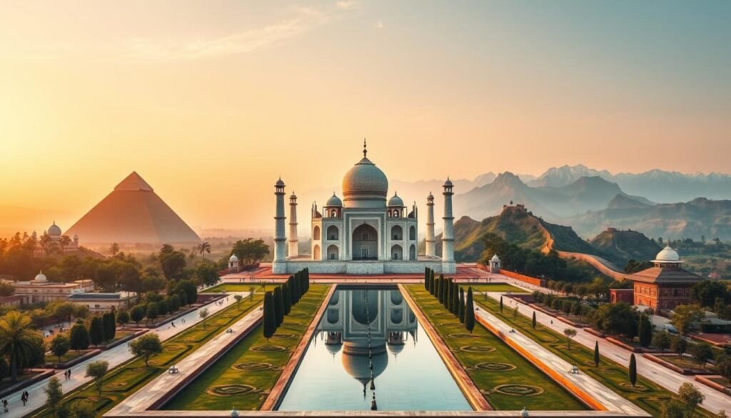 A breathtaking panoramic view of the world's most iconic wonders, captured in stunning detail. In the foreground, the majestic Pyramids of Giza rise majestically against a warm, golden sky. In the middle ground, the Taj Mahal's elegant marble domes and minarets reflect in a serene, mirrored pool, surrounded by lush, verdant gardens. In the distant background, the Great Wall of China winds its way through rugged, snow-capped mountains, bathed in a soft, ethereal light. The scene is imbued with a sense of timeless wonder and awe, inviting the viewer to embark on a journey through the world's most captivating and unforgettable destinations.
