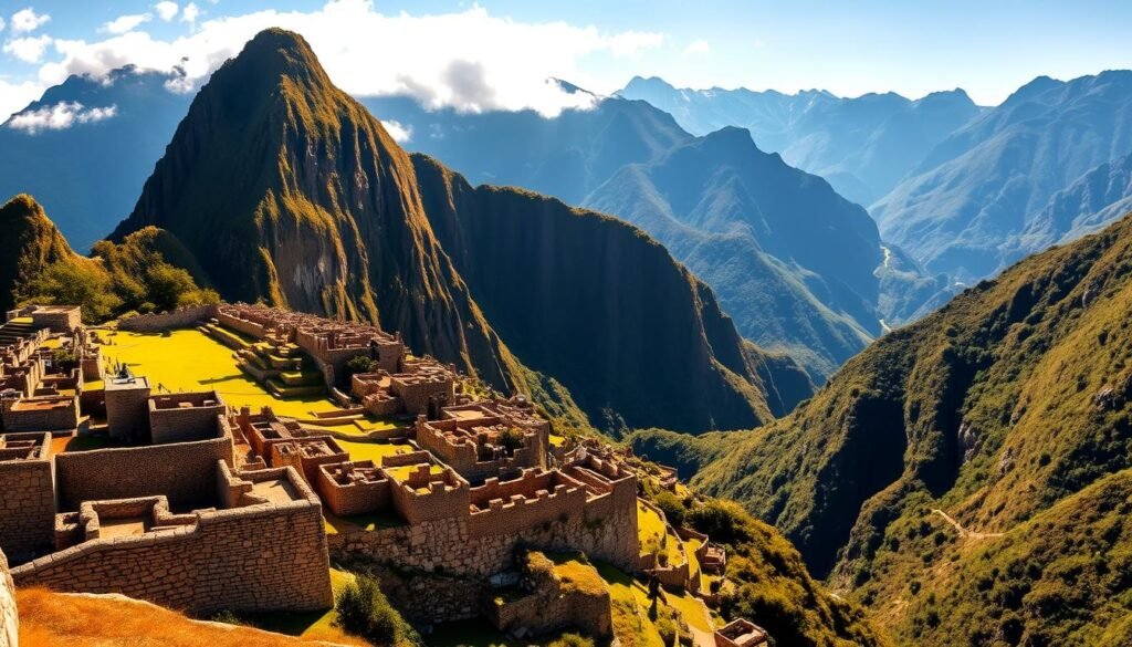 A breathtaking panoramic vista of the iconic Machu Picchu, the legendary Inca citadel nestled amidst the towering Andes mountains. In the foreground, the iconic Inca structures stand in reverent silence, their stone walls and terraces bathed in warm, golden sunlight. Beyond, the lush, verdant slopes of Huayna Picchu and Machu Picchu Mountain rise majestically, their peaks shrouded in wispy clouds. In the middle distance, the winding Inca Trail snakes its way through the rugged terrain, leading to the enigmatic Sun Gate. In the background, the awe-inspiring Andes mountain range stretches out, its peaks glittering like jewels under the clear, azure sky. Capture the timeless, ethereal beauty of this UNESCO World Heritage Site in a breathtaking panoramic perspective.