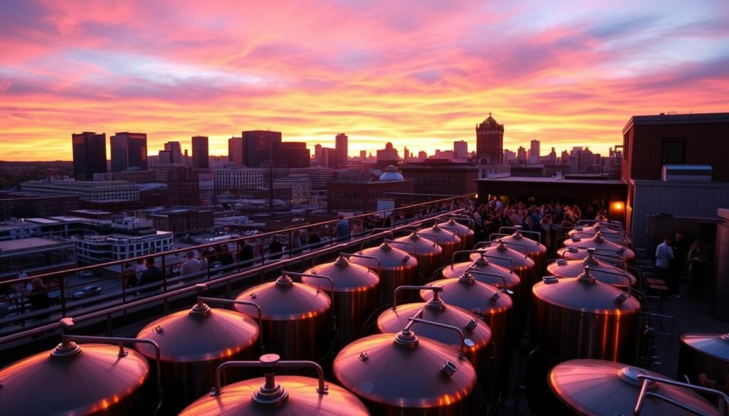 A breathtaking rooftop view of a bustling Cincinnati brewery, bathed in the warm glow of the setting sun. In the foreground, rows of gleaming metal brewing tanks, their copper accents shimmering. In the middle ground, a lively crowd gathered on the rooftop patio, enjoying craft beers and taking in the stunning cityscape. In the background, the iconic Cincinnati skyline, its skyscrapers and historic buildings silhouetted against a vibrant orange and pink sky. The atmosphere is one of relaxation and conviviality, inviting the viewer to imagine themselves immersed in the vibrant urban beer culture. A breathtaking rooftop view of a bustling Cincinnati brewery, bathed in the warm glow of the setting sun. In the foreground, rows of gleaming metal brewing tanks, their copper accents shimmering. In the middle ground, a lively crowd gathered on the rooftop patio, enjoying craft beers and taking in the stunning cityscape. In the background, the iconic Cincinnati skyline, its skyscrapers and historic buildings silhouetted against a vibrant orange and pink sky. The atmosphere is one of relaxation and conviviality, inviting the viewer to imagine themselves immersed in the vibrant urban beer culture.