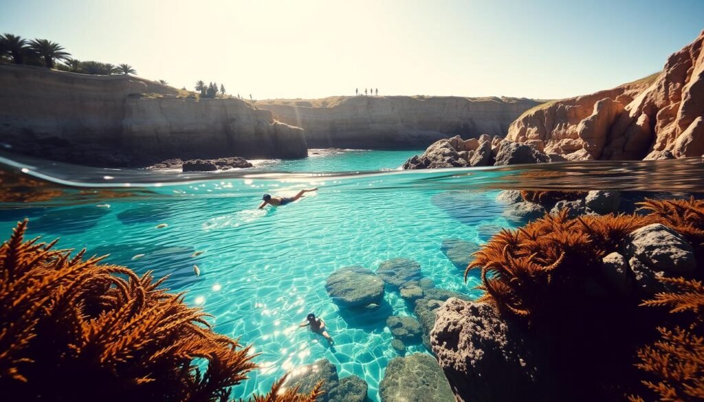 A breathtaking scene of La Jolla Cove, where sunlight dances across the crystal-clear waters and snorkelers explore the vibrant marine life. In the foreground, kelp forests sway gently, creating a serene underwater landscape. The middle ground reveals schools of colorful fish darting among the rocks, while the background showcases the iconic sandstone cliffs that frame the cove. Overhead, a warm, golden-hour glow illuminates the scene, lending an ethereal, dreamlike quality. The image conveys the tranquility and natural wonder of this beloved San Diego destination, inviting viewers to immerse themselves in the beauty of La Jolla by land and sea. A breathtaking scene of La Jolla Cove, where sunlight dances across the crystal-clear waters and snorkelers explore the vibrant marine life. In the foreground, kelp forests sway gently, creating a serene underwater landscape. The middle ground reveals schools of colorful fish darting among the rocks, while the background showcases the iconic sandstone cliffs that frame the cove. Overhead, a warm, golden-hour glow illuminates the scene, lending an ethereal, dreamlike quality. The image conveys the tranquility and natural wonder of this beloved San Diego destination, inviting viewers to immerse themselves in the beauty of La Jolla by land and sea.