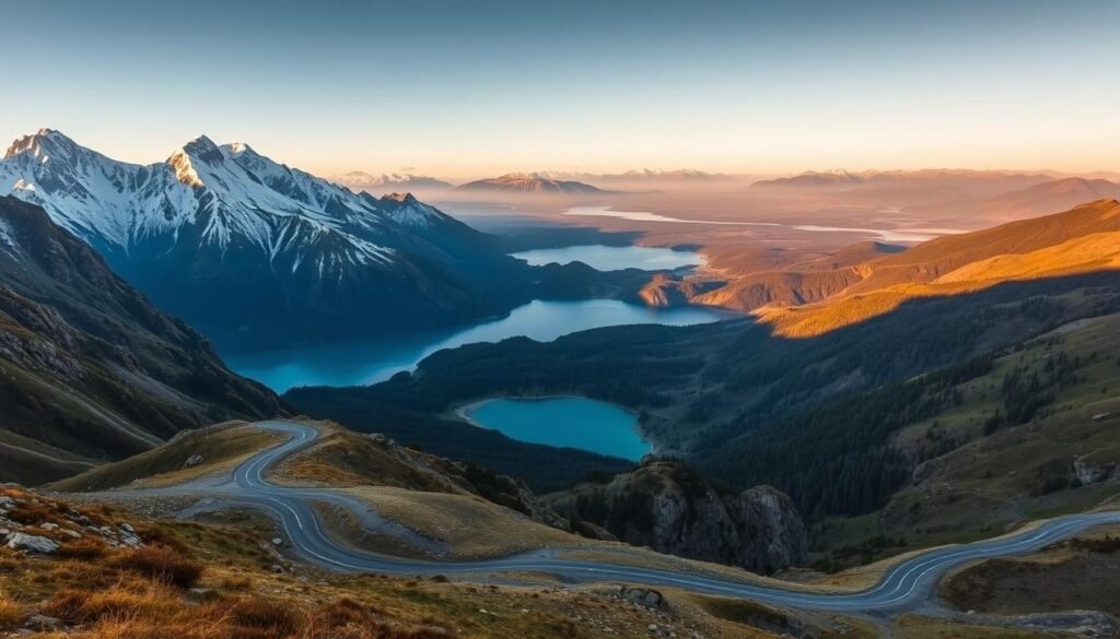 A breathtaking scene of the South Island of New Zealand, captured in a beautifully composed landscape photograph. In the foreground, a winding mountain road winds through rugged, snow-capped peaks, their jagged edges casting dramatic shadows across the scene. In the middle ground, a pristine alpine lake reflects the surrounding mountains, its crystal-clear waters shimmering in the warm, golden light of the setting sun. In the background, a tapestry of lush, verdant forests and rolling hills stretches out, creating a sense of depth and scale. The image is lit with a soft, natural lighting that enhances the vibrant colors and textures of the landscape, conveying a sense of tranquility and wonder. Captured with a wide-angle lens, the image offers a sweeping, panoramic view that perfectly captures the grandeur and beauty of the South Island. A breathtaking scene of the South Island of New Zealand, captured in a beautifully composed landscape photograph. In the foreground, a winding mountain road winds through rugged, snow-capped peaks, their jagged edges casting dramatic shadows across the scene. In the middle ground, a pristine alpine lake reflects the surrounding mountains, its crystal-clear waters shimmering in the warm, golden light of the setting sun. In the background, a tapestry of lush, verdant forests and rolling hills stretches out, creating a sense of depth and scale. The image is lit with a soft, natural lighting that enhances the vibrant colors and textures of the landscape, conveying a sense of tranquility and wonder. Captured with a wide-angle lens, the image offers a sweeping, panoramic view that perfectly captures the grandeur and beauty of the South Island.