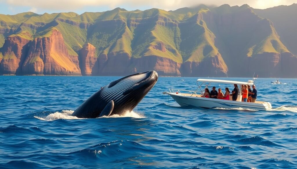 A breathtaking scene of whale watching in Maui, Hawaii. In the foreground, a majestic humpback whale breaches the azure waters, its massive body glistening in the golden sun. In the middle ground, a group of awestruck tourists aboard a sleek whale-watching boat, their cameras poised to capture this once-in-a-lifetime moment. In the background, towering sea cliffs, draped in lush, verdant foliage, frame the picturesque horizon. The lighting is soft and natural, casting a warm, inviting glow over the entire scene. The angle is slightly elevated, providing a panoramic view that showcases the sheer scale and beauty of this incredible natural spectacle. The overall mood is one of wonder, awe, and pure, unadulterated joy. A breathtaking scene of whale watching in Maui, Hawaii. In the foreground, a majestic humpback whale breaches the azure waters, its massive body glistening in the golden sun. In the middle ground, a group of awestruck tourists aboard a sleek whale-watching boat, their cameras poised to capture this once-in-a-lifetime moment. In the background, towering sea cliffs, draped in lush, verdant foliage, frame the picturesque horizon. The lighting is soft and natural, casting a warm, inviting glow over the entire scene. The angle is slightly elevated, providing a panoramic view that showcases the sheer scale and beauty of this incredible natural spectacle. The overall mood is one of wonder, awe, and pure, unadulterated joy.