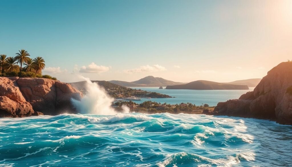 A breathtaking seascape of Bermuda's iconic weather waters island, bathed in warm, golden sunlight. In the foreground, crystalline azure waves crash against the rugged, pink-hued limestone cliffs, their spray catching the light in a dazzling display. Lush, verdant palm trees sway gently in the soft ocean breeze, creating a tranquil, tropical ambiance. In the middle ground, a picturesque harbor nestles between the cliffs, its calm waters reflecting the brilliant azure sky above. Distant rolling hills fade into the horizon, their hues shifting from emerald to indigo under the shifting play of light and shadow. An enchanting, serene vision of Bermuda's weather, water, and climate essentials. A breathtaking seascape of Bermuda's iconic weather waters island, bathed in warm, golden sunlight. In the foreground, crystalline azure waves crash against the rugged, pink-hued limestone cliffs, their spray catching the light in a dazzling display. Lush, verdant palm trees sway gently in the soft ocean breeze, creating a tranquil, tropical ambiance. In the middle ground, a picturesque harbor nestles between the cliffs, its calm waters reflecting the brilliant azure sky above. Distant rolling hills fade into the horizon, their hues shifting from emerald to indigo under the shifting play of light and shadow. An enchanting, serene vision of Bermuda's weather, water, and climate essentials.