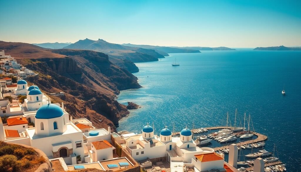A breathtaking seaside vista in Mykonos, Greece. Majestic cliffs embrace a sparkling azure sea, dotted with iconic white-washed buildings and windmills. Warm sunlight casts a golden glow, illuminating the vibrant cobalt blue domes and terracotta roofs. In the foreground, a picturesque harbor bustles with fishing boats and yachts, while in the distance, the rugged hills and valleys of the Cycladic landscape stretch out to the horizon. Capturing the quintessential charm and beauty of this idyllic Greek island.