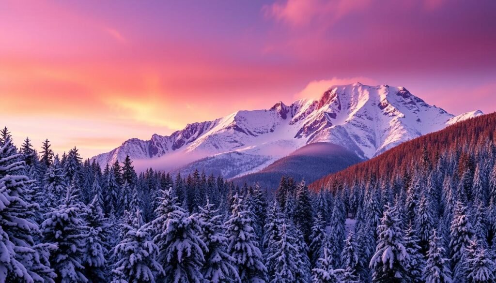 A breathtaking snowy mountain landscape at twilight. In the foreground, a dense pine forest is blanketed in a pristine layer of fresh, powdery snow. The middle ground reveals a majestic peak, its towering cliffs and ridges dusted with a glistening white mantle. The background is dominated by a dramatic sky, painted in shades of soft purple and indigo, with wispy clouds drifting lazily overhead. Warm, golden light filters through the clouds, casting a magical glow over the entire scene. The overall atmosphere is one of serene, winter tranquility, inviting the viewer to step into this peaceful, snow-covered wonderland. A breathtaking snowy mountain landscape at twilight. In the foreground, a dense pine forest is blanketed in a pristine layer of fresh, powdery snow. The middle ground reveals a majestic peak, its towering cliffs and ridges dusted with a glistening white mantle. The background is dominated by a dramatic sky, painted in shades of soft purple and indigo, with wispy clouds drifting lazily overhead. Warm, golden light filters through the clouds, casting a magical glow over the entire scene. The overall atmosphere is one of serene, winter tranquility, inviting the viewer to step into this peaceful, snow-covered wonderland.
