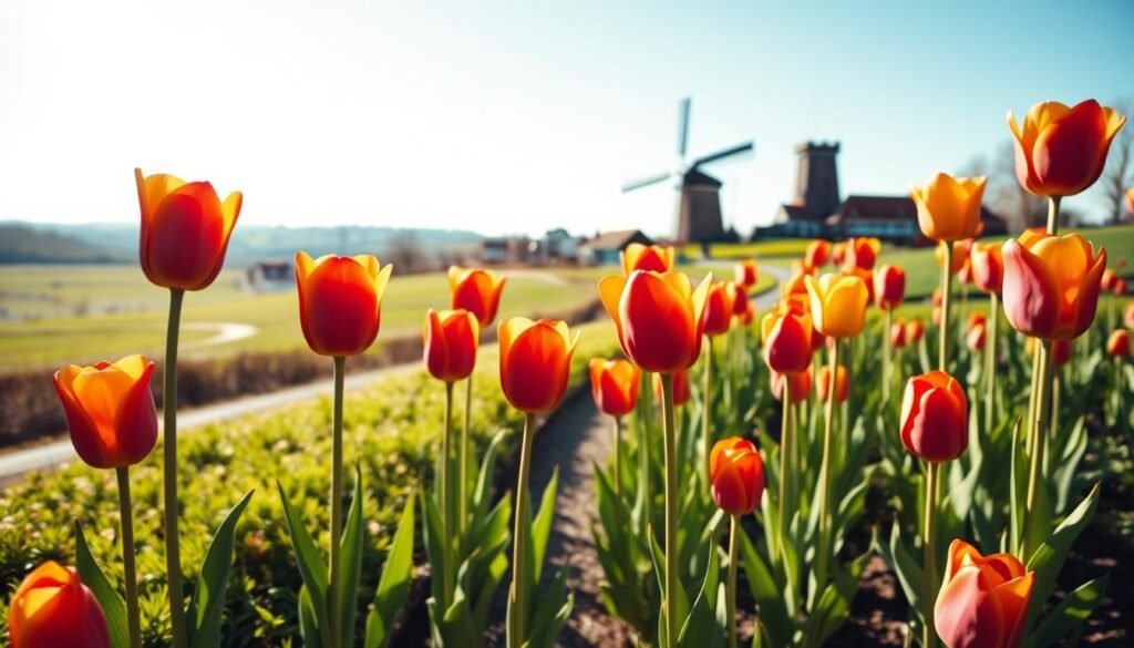 A breathtaking springtime scene of vibrant tulips in full bloom, their petals unfurling in a lush, verdant garden. Bathed in soft, warm sunshine, the tulips stand tall, their vibrant hues of red, yellow, and pink creating a stunning tapestry against a backdrop of rolling hills and a clear, azure sky. The composition captures the tulips in the foreground, their delicate stems and leaves gently swaying in a light breeze, while the middle ground features a path winding through the garden, inviting the viewer to explore. In the distance, a row of historic Dutch buildings and a windmill add to the quintessential Amsterdam ambiance, creating a tranquil, serene atmosphere.