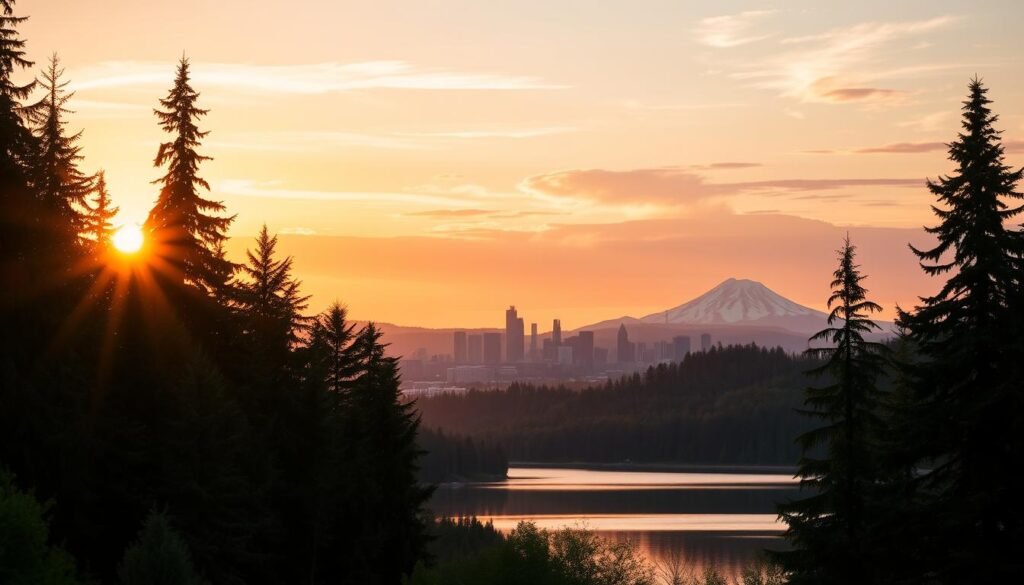 A breathtaking sunset over the lush, verdant hills of Portland, Oregon. In the foreground, a tranquil lake reflects the warm, golden hues of the sky, its still waters mirroring the brilliant colors. Towering fir trees line the shore, their evergreen needles swaying gently in the soft breeze. In the middle ground, the iconic silhouettes of the city's skyline rise up, the iconic spires and skyscrapers bathed in the glowing light. The background is a masterpiece of nature, with the majestic snow-capped peaks of Mount Hood and Mount St. Helens rising up in the distance, their jagged summits painted in shades of pink and orange. The scene is infused with a sense of peace and serenity, the perfect embodiment of the "Golden Portland Glow" that makes this city so breathtaking at sunset.