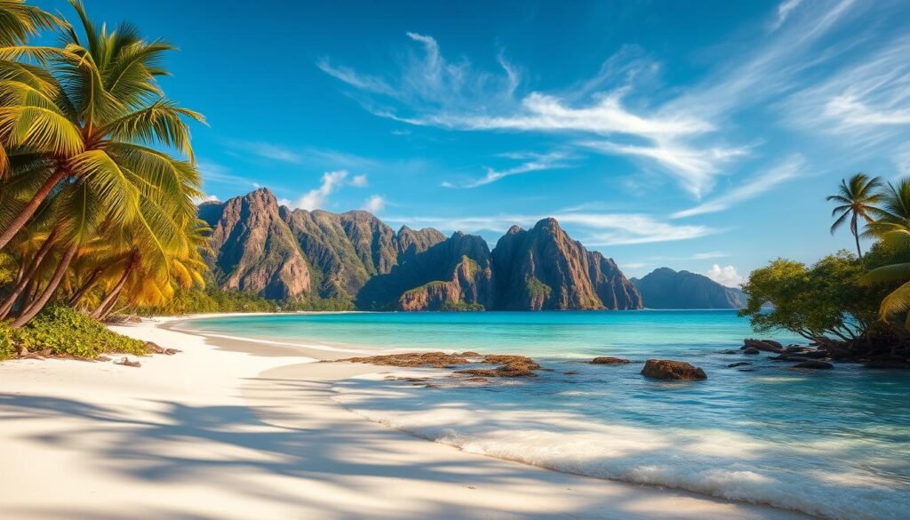 A breathtaking tropical island paradise, with a pristine white sand beach caressed by gentle azure waves. Lush, verdant palm trees sway in the warm breeze, casting dappled shadows across the shore. Dramatic cliffs rise in the distance, their rocky outcroppings framed by a brilliant azure sky, with wispy clouds drifting overhead. The scene is bathed in warm, golden sunlight, creating a serene and inviting atmosphere. A small, secluded cove offers a tranquil escape, its turquoise waters beckoning for a refreshing swim. This idyllic island retreat is the perfect destination for an unforgettable adventure and a much-needed respite from the everyday. A breathtaking tropical island paradise, with a pristine white sand beach caressed by gentle azure waves. Lush, verdant palm trees sway in the warm breeze, casting dappled shadows across the shore. Dramatic cliffs rise in the distance, their rocky outcroppings framed by a brilliant azure sky, with wispy clouds drifting overhead. The scene is bathed in warm, golden sunlight, creating a serene and inviting atmosphere. A small, secluded cove offers a tranquil escape, its turquoise waters beckoning for a refreshing swim. This idyllic island retreat is the perfect destination for an unforgettable adventure and a much-needed respite from the everyday.