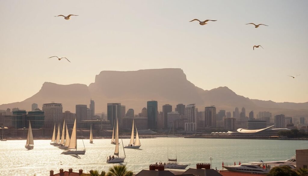 A breathtaking view of Cape Town's iconic skyline, with the majestic Table Mountain towering in the background, its iconic flat-topped silhouette casting a warm, golden glow under the afternoon sun. In the foreground, the bustling Victoria & Alfred Waterfront comes alive, with sailboats gently gliding across the sparkling harbor waters. The city's distinctive Victorian and Cape Dutch architecture blend seamlessly, creating a charming, historic ambiance. A cool, salty breeze wafts through the air, and seagulls soar overhead, adding to the tranquil, coastal atmosphere. The scene is captured through the lens of a wide-angle camera, framing the city's vibrant energy and natural beauty in a single, captivating composition.